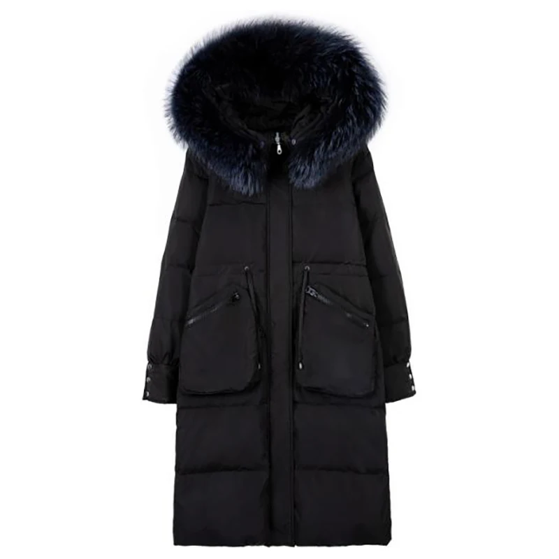 Парки женские зимние пуховики Длинные повседневные куртки с капюшоном из натурального меха женские плотные теплые зимние парки женские пальто - Цвет: Черный