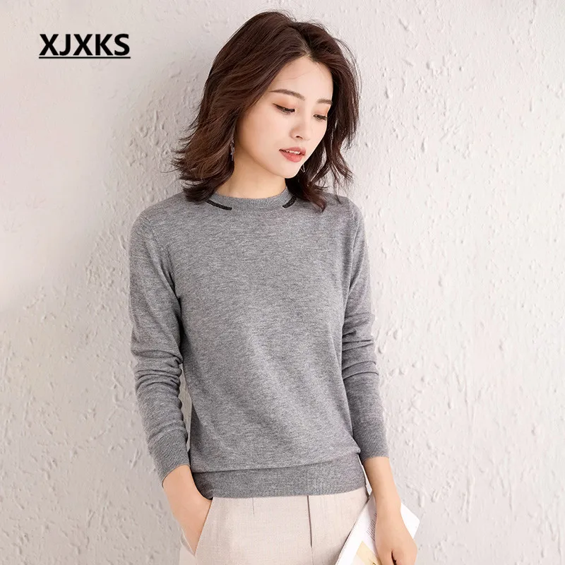 

XJXKS 100% pure wool women sweater 2019 autumn winter new casual round neck long-sleeved knitted sweater women pullover