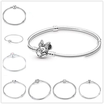 

High Quality Silver Plated Snake Chain Bracelet Crystal Heart Mickey Round Love Buckle Basic Chain Silver Charm Bracelet