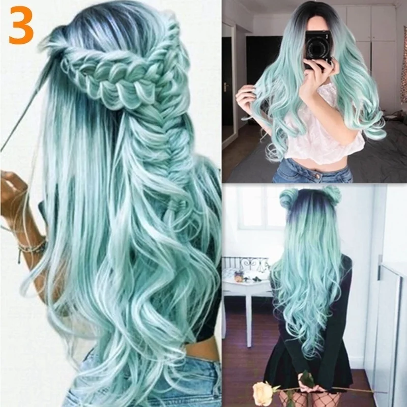 Peluca de cabello sintético ondulado largo para mujer, pelo transpirable, Natural, resistente al calor, color negro, Verde menta