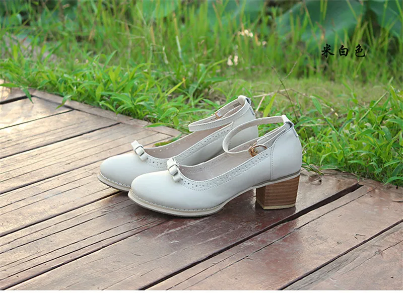 Japanese Buckle Strap Bow Women Oxford High Thick Heels Lolita Shoes British Genuine Leather Single Brogues Shoes Woman Size 43 (24)