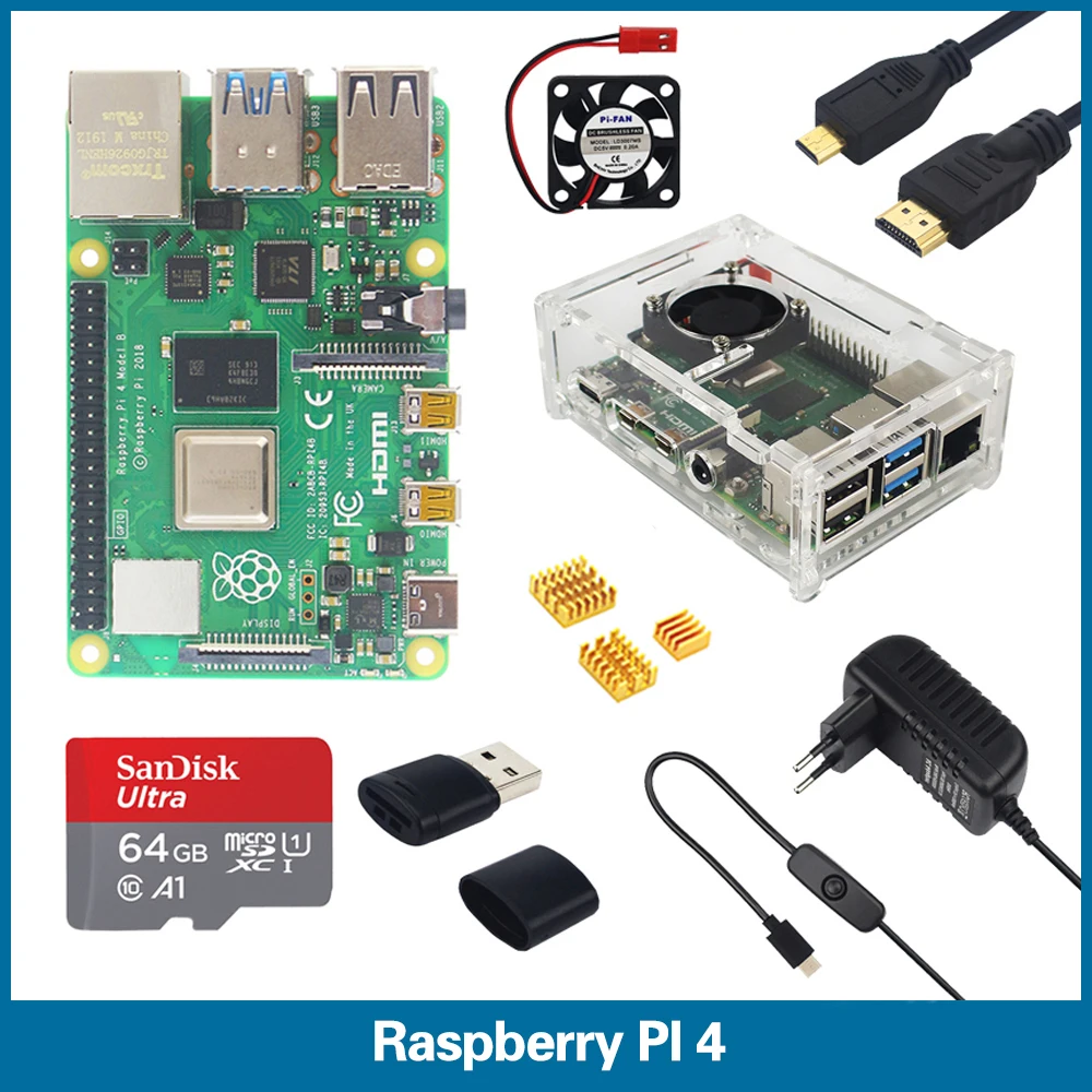 

S ROBOT Raspberry Pi 4 Model B 1/2/4GB RAM + Case + Fan + Heat Sink + Power Adapter + 64 GB SD Card + HDMI Cable for RPI 4B RPI2