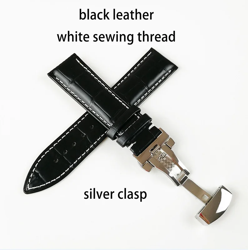 black white silver Ремешок для часов из натуральной кожи, ремешок из нержавеющей стали, застежка-бабочка, 13 мм, 14 мм, 15 мм, 16 мм, 17 мм, 18 мм, 19 мм, 20 м, 21 мм, 22 мм, ремешок для часов в подарок - Цвет ремешка: black white silver