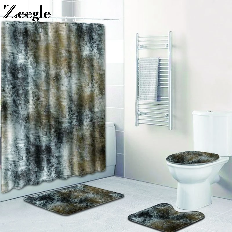 Zeegle Waterproof Bathroom Curtain and Bath Mat Set Polyester Toilet Floor Mat Anti-slip Toilet Pedestal Rug Flannel Toilet Set