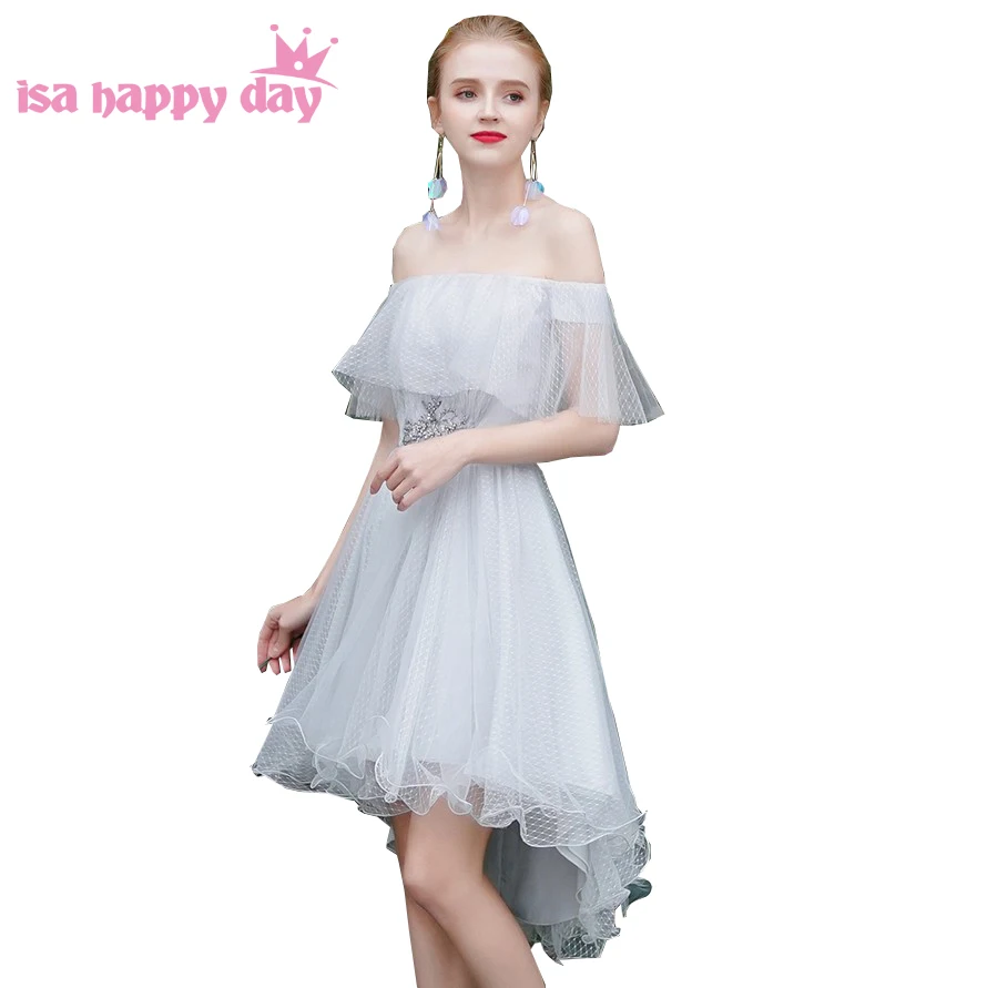 new arrival classy Grey girl Teens prom Party dress short front long back high low dresses Boat neck top sleeved 2020 H4329 | Свадьбы и