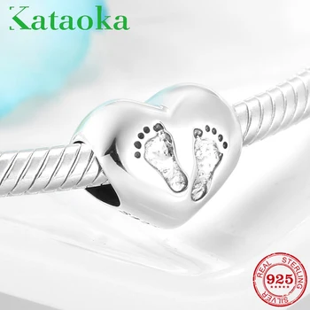 

New 925 Sterling Silver Baby footprint Heart beads For jewelry making Fit Original European Charm Bracelets