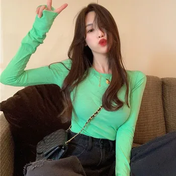 

Spring T-shirt Fashion Casual Solid Color Long-sleeved Bottoming Tops Round Neck T-shirt For Women Tee tops