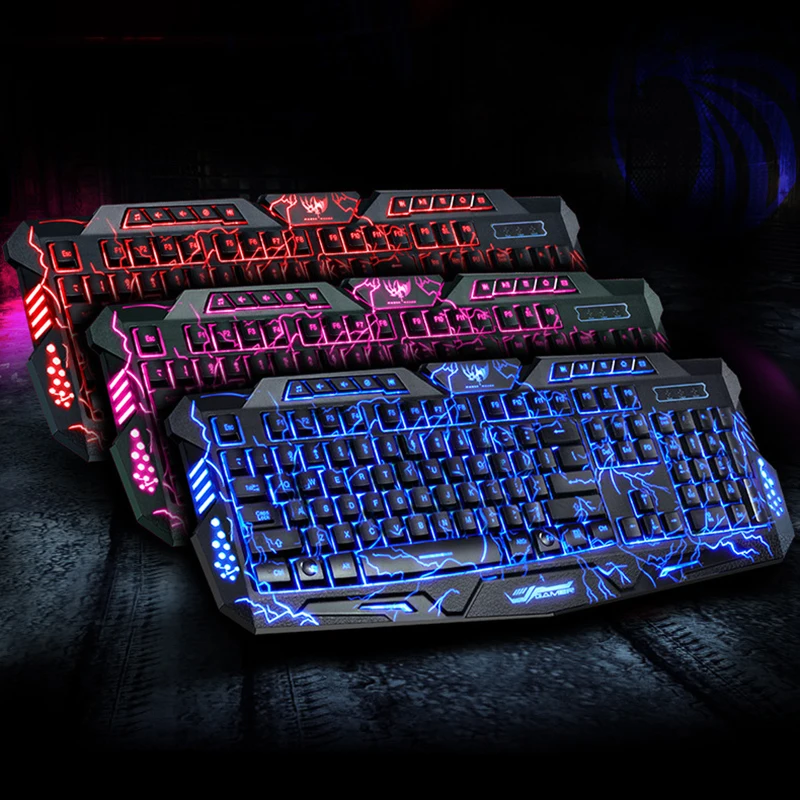 Цвет Фул Прохладный Gaming Keyboard светодиодный 3-Цвет USB Проводная дыхание подсветкой Водонепроницаемый компьютер трещины клавиатуры компьютера трещины клавиатура