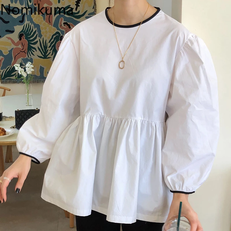 Nomikuma Women Doll Shirt Causal Puff Long Sleeve Hit Color O-neck Blouse 2020 New Korean Sweet Top Blusas Feminimos 6D595 womens shirts and blouses