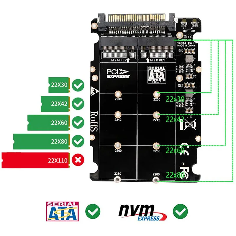 2 In 1 M.2 NVMe SATA U2PCB M.2 NVME SSD Key M Key B SSD To U.2 SFF-8639 Adapter PCIe M2 Converter Desktop Computer Parts — view 3