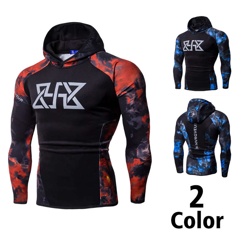 

New fashion cotton European code sports running fitness men's hooded fire blue flame printed sweater elastic N men's sweater
