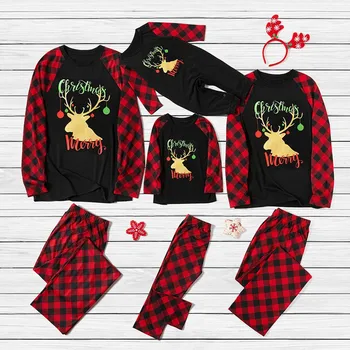 

Parent-child Warm Christmas Set Printed Home Wear Pajamas Two-piece Set Parent-child lovely family suit Рождественский набор
