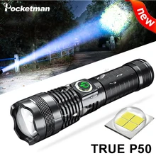 Xhp50 lanterna led de 800000 lúmens, bateria integrada, luz usb, recarregável, 5 modos de lanterna, com zoom exibição de tela