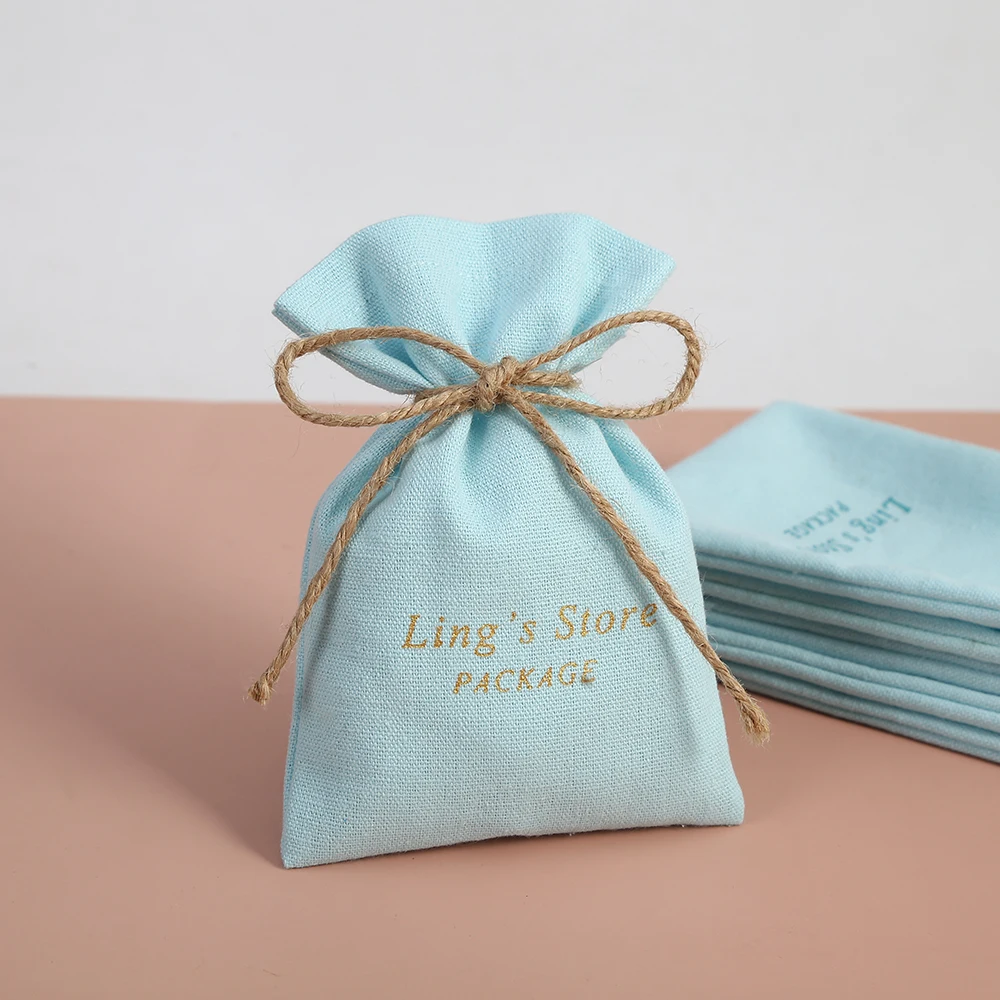 100pcs Blue Cotton Burlap Bucket Jewelry Bag Small Pouch for Wedding Party Gift Candy Bag Custom Logo Jewelry Organizer Packing