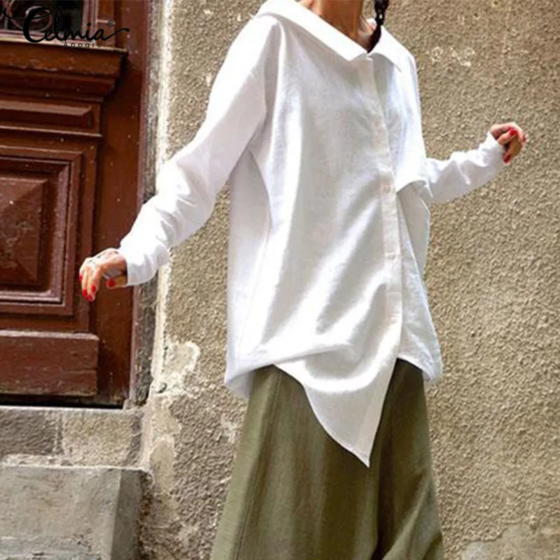 

Asymmetrical Tunic Tops Women's Blouse Autumn Chemise 2019 Celmia Casual Solid Pleated Long Sleeve Shirt Female Blusas Plus Size