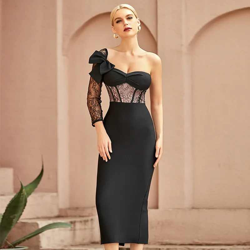 

Новый дизайн, черное кружевное вечернее платье-бандо с бантом на одно плечо, женское праздничное ажурное платье