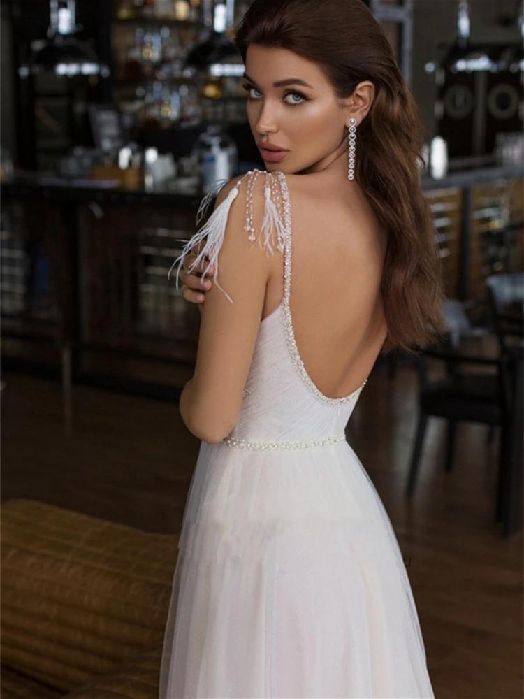 Tulle  Wedding Dresses 2022 With Slit V Neck Bridal Dresses For Women Custom Made Sleeveless Backless Robe De Soirée De Mariage traditional wedding dresses