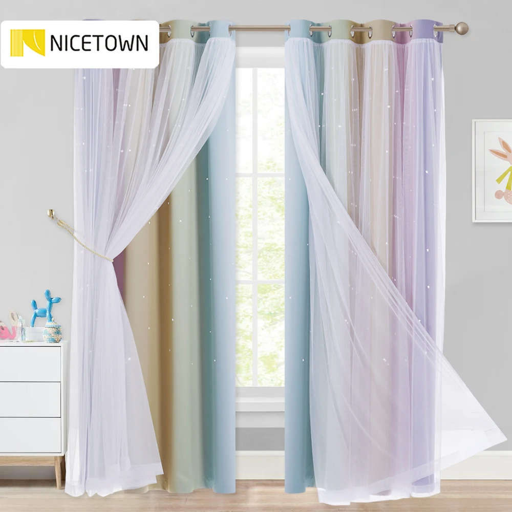 Double Layer Blackout Curtains Star Cutout for Living Room Home Decor