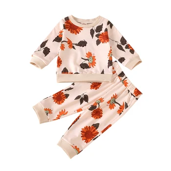 

HIPAC 2 Pieces Spring And Autumn Baby Suit Set Sunflower Print Round Neck Long Sleeve T-Shirt And Trousers For Babies Girls