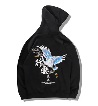 

Fashionable crane embroidery Chinese Style Men's loose hooded sweatshirt
