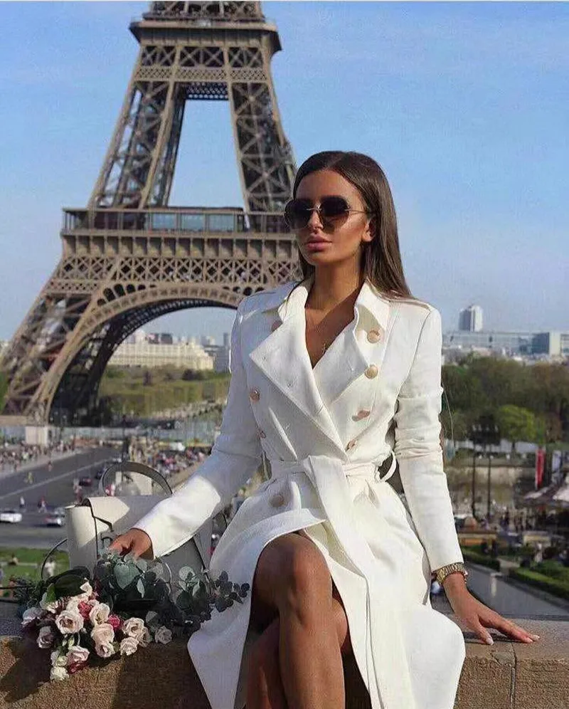 Trench-Coat Female Vintage White Winter Women Double-Breasted Long Solid Slim for Sashes