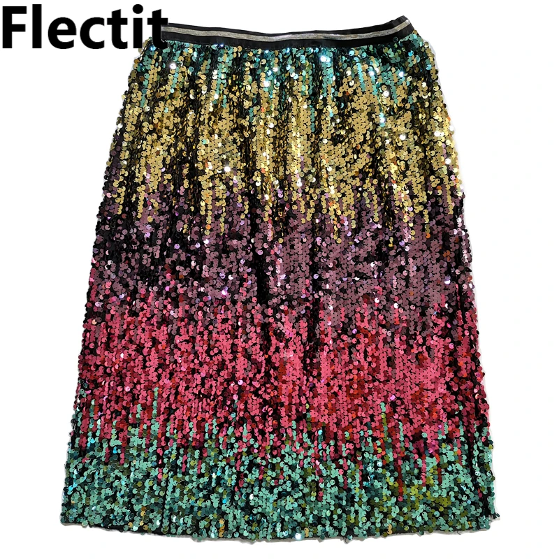 

Flectit Womens Skirts Multi Color Ombre Sequin Midi Skirt for Office Lady Party Girl Saia