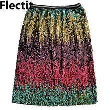 Flectit Womens Skirts Multi Color Ombre Sequin Midi Skirt for Office Lady Party Girl Saia