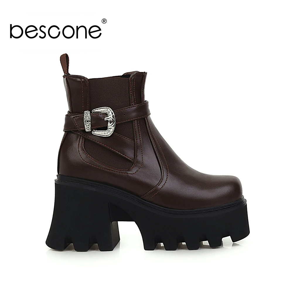 

Bescone Winter Warm High Platform Ankle Boots Woman Super High Chunky Square Heel Buckle Strap Non-slip Outsole Shoes BM619