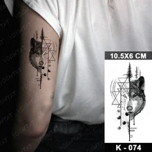 Lobo Temporary Tattoo Sticker Wolf Tiger Lion Forest Linear Geometric Black Tatu Arm Shoulder Men Women Glitter Kids Tato Art