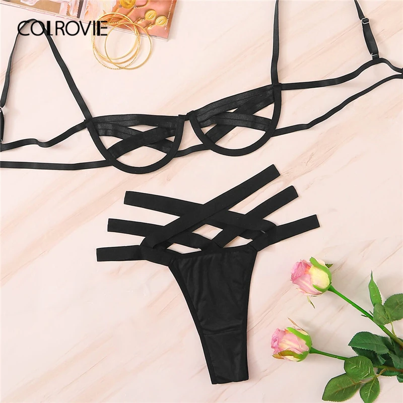  COLROVIE Black Ladder Cut-out Underwire Lingerie Set Women Intimates 2019 Solid Sexy Sets Bra And T