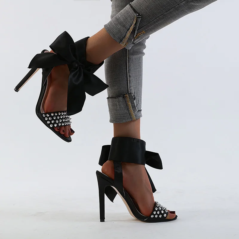 Plus Size 42 Solid Color Bow Rivet Women's Sandals Stiletto High Heels Casual Round Toe Women's Shoes NIUFUNI Sandalias De Mujer