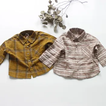 

Baby Boys Cotton Linen Plaid Shirts Autumn New Korean Style Children Tops Casual Loose Kids Shirts G035