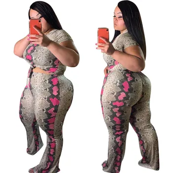 

Summer Casual 2 Piece Outfits for Women Printed Large Size Slim Sexy Two Piece Set Round Neck Short Top with Long Trouser
