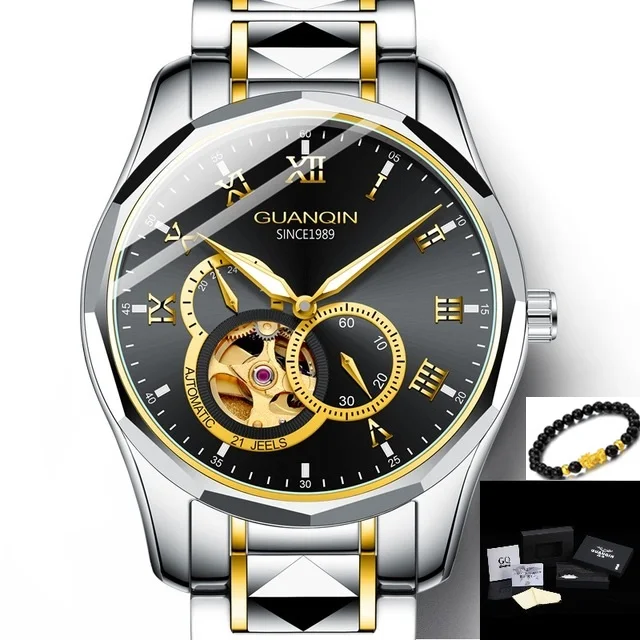 GUANQIN Japan MIYOTA Quartz Movement Automatic Mechanical Watch Men Luxury Tungsten Steel Push Button Hidden Clasp Male Clock - Цвет: Gold Black