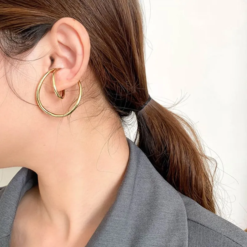 FFLACEL New Design Korean Trend Simple Ear Clip Chic Irregular Geometric Distortion Curve Clip Earrings for Women Girls