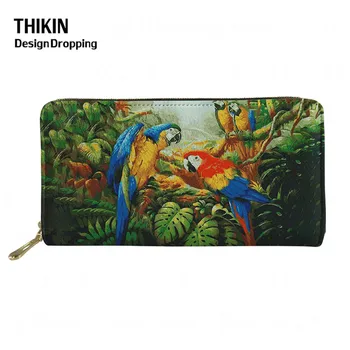 

THIKIN Parakeet Oil Painting Print Female PU Leather Money Bag Cockatiel Parrot Leather Card Wallets Women Clutch Phone Purse