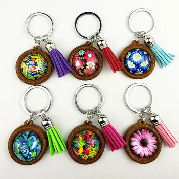 

Jiangzimei24pcs India retro, Bohemia flower rose 25mm Wood Cabochon Stainless Steel Keychain with tassels glass Cabochon