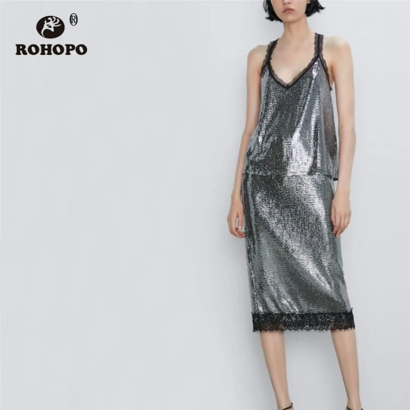 

ROHOPO Sleeveless Sequined Polk Dot Sliver Shine Tops Tees Patchwork Top Lace Edge Sexy Party Tops Baggy Shirt #9614