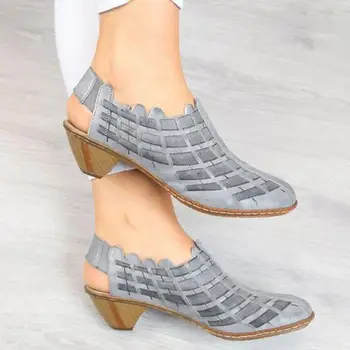 

SWONCO Summer Shoes Women Sandals Low Thick Heel 2020 New Plus Size Toe Closed Female Cauasl Shoes Hallow Sandals Fashion Shoe