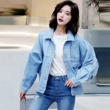 

Women Bat Sleeve Denim Jacket Female Student Loose Casual Pocket Short Long Batwing Sleeve Light Blue Thin Jackets Outwear Tops