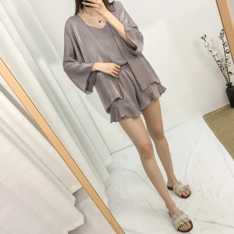 Korean-style Thin New Style Velvet Four-piece Set Pajamas Women's Spaghetti Strap Pajamas Women's Robes Coat Tracksuit Spring An