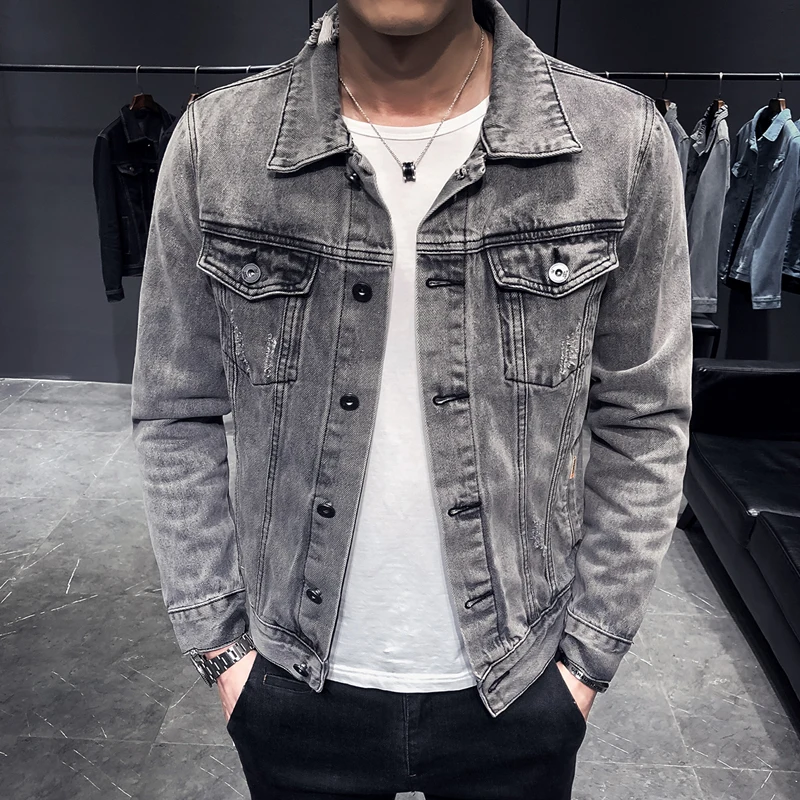 Greatest  2019 Denim Jacket Men Hole Retro Motorcyle Basic Coat Streetwear Hip Hop Bomber Jacket Cowboy Men's