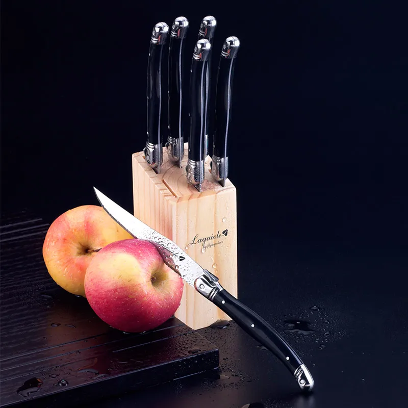 Laguiole steak knives, red acrylic handles, dishwasher safe Length