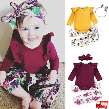 

baby Newborn Floral Clothing New Born long sleeve bodysuits top harem pants headbands holiday 3pcs outfits Girls clothes