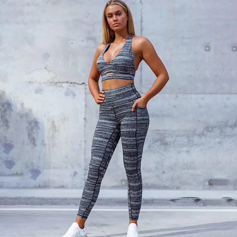 

Seamless Pocket Yoga Set Women Striped Dry Fit Two 2 Piece Crop top Bra Legging Sportsuit Workout Outfit Fitness Gym Sport Sets