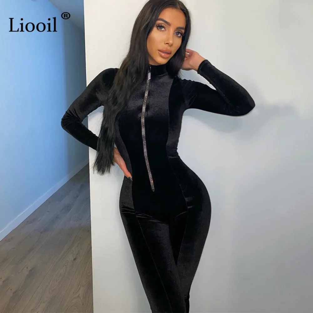 Liooil Sexy Zip Up Velvet Jumpsuits For Women 2020 Long Sleeve O Neck Bodycon Party Club Rompers Womens Jumpsuit Black Overalls Liooil Sexy Zip Up Velvet Jumpsuits For Women 2020 Long Sleeve O Neck Bodycon Party Club Rompers Womens Jumpsuit Black Overalls