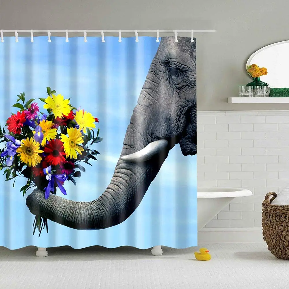 

Elephant Holding a Flower Pattern Digital Print Shower Curtains for Bathroom Decor,Polyester Waterproof Fabric Bath Curtain with