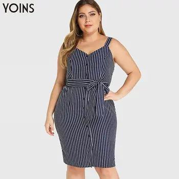 

YOINS Women Backless Stylish Stripe V-neck Sleeveless Dress Sexy Party Dresses Button Front Midi Length Vestidos Plus Size Femme