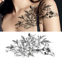 1 Pcs Girl Chest Plain Black Flowers Waterproof Temporary Tattoo Sticker Big Large Female Waist Art Dark Rose Fake Tattoo