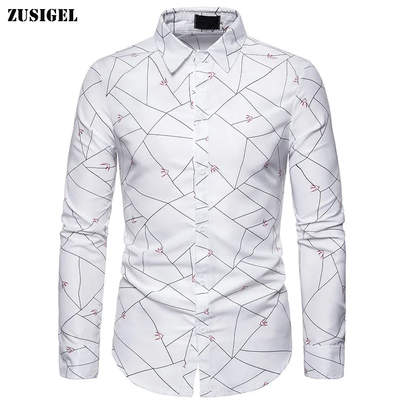 

ZUSIGEL Long Sleeve Mens Shirts Casual Turn-down Collar White Shirt Geometric Pattern Autumn Slim Fit Shirt Men